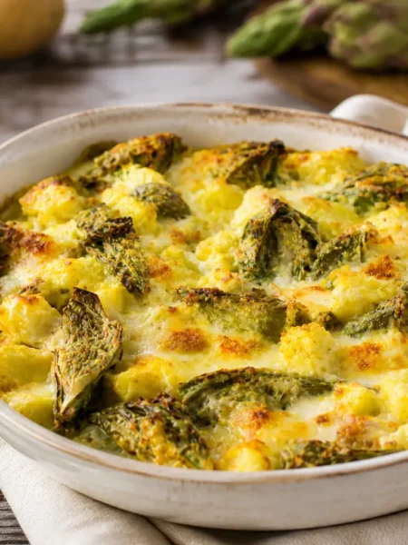 Sformato di carciofi e patate al forno gratinato in pirofila