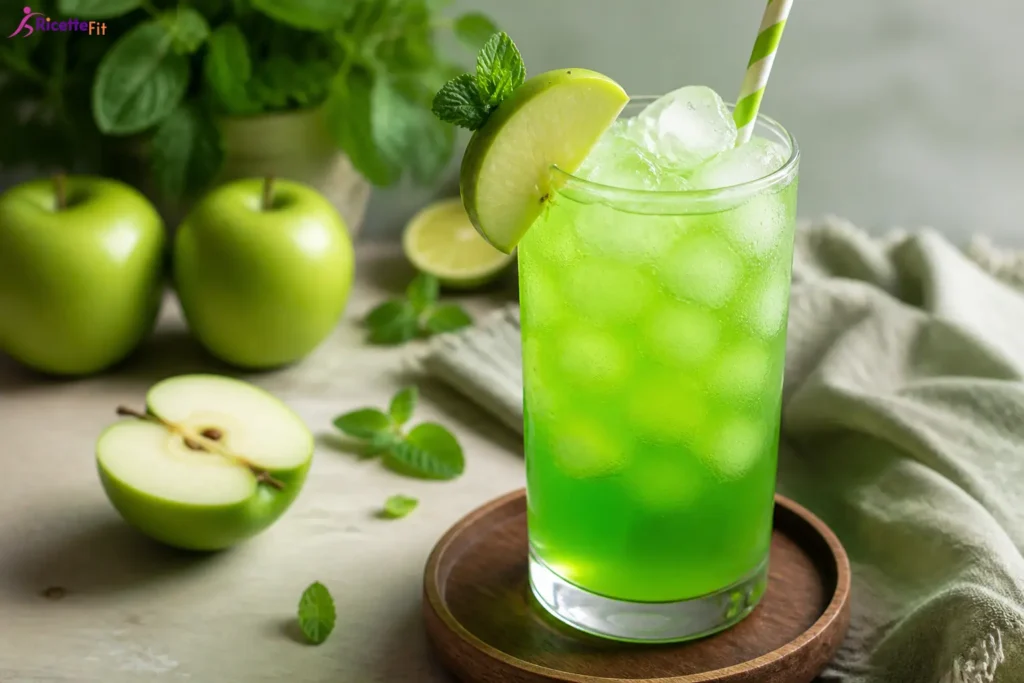 Soda alla mela verde fit con lime e menta in bicchiere con ghiaccio