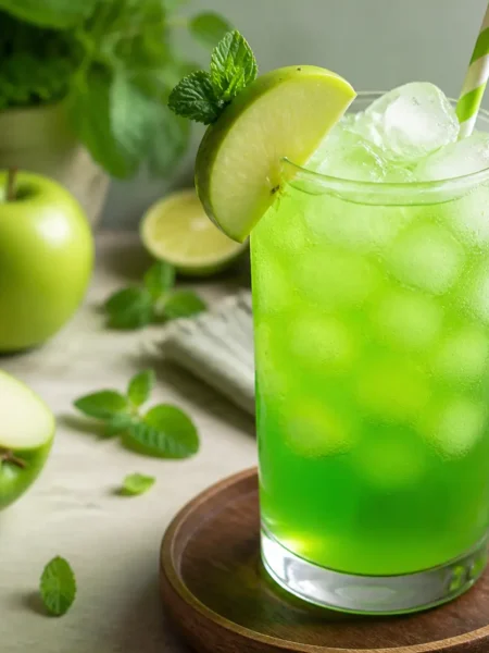 Soda alla mela verde fit con lime e menta in bicchiere con ghiaccio