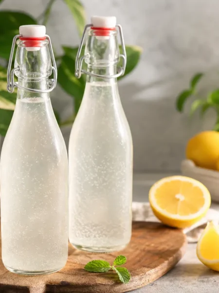 Soda homemade al limone e menta in bottiglie di vetro