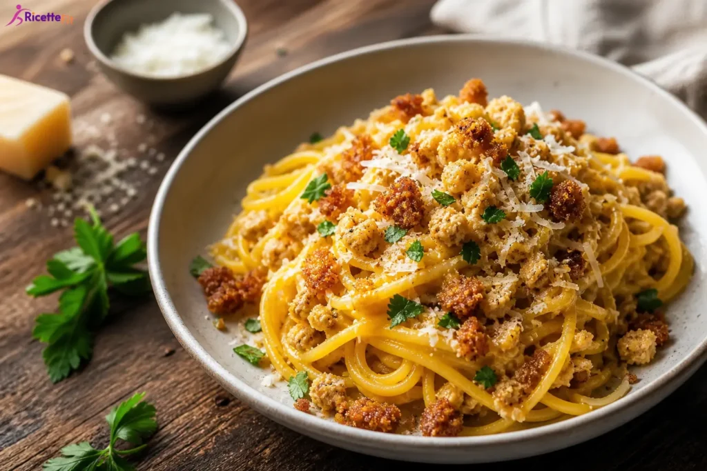 Spaghetti con ragù di zucca, pecorino e crumble di pane al rosmarino