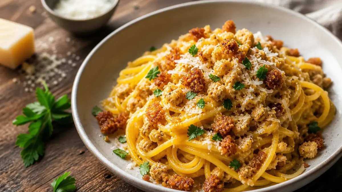 Spaghetti con ragù di zucca, pecorino e crumble di pane al rosmarino
