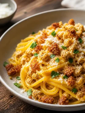 Spaghetti con ragù di zucca, pecorino e crumble di pane al rosmarino