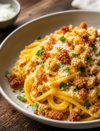 Spaghetti con ragù di zucca, pecorino e crumble di pane al rosmarino