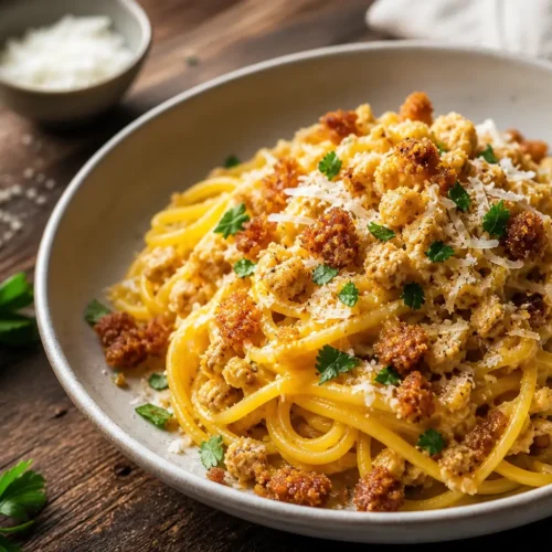 Spaghetti al Ragù di Zucca, Pecorino e Crumble di Pane al Rosmarino