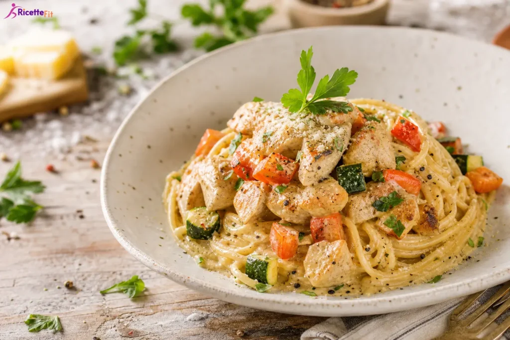 Spaghetti alla carbonara vegetale con tofu affumicato, zucchine e peperone rosso