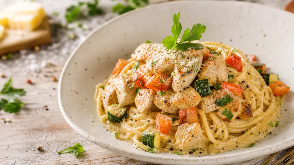 Spaghetti alla carbonara vegetale con tofu affumicato, zucchine e peperone rosso