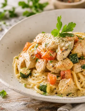 Spaghetti alla carbonara vegetale con tofu affumicato, zucchine e peperone rosso