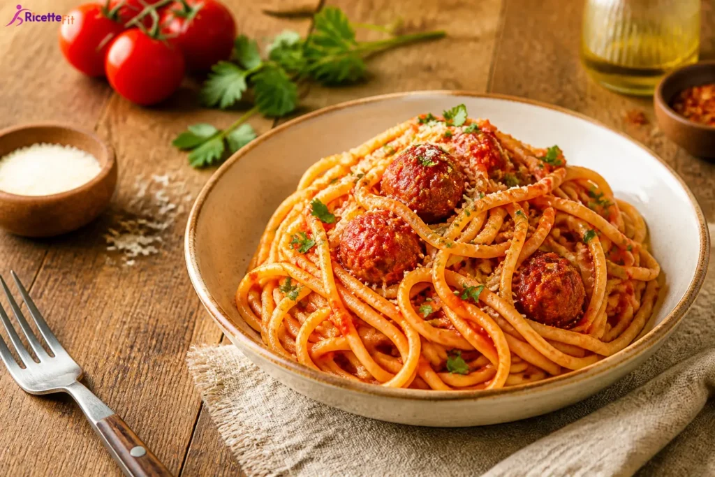 Spaghetti fit al pomodoro piccante con polpettine magre di tacchino