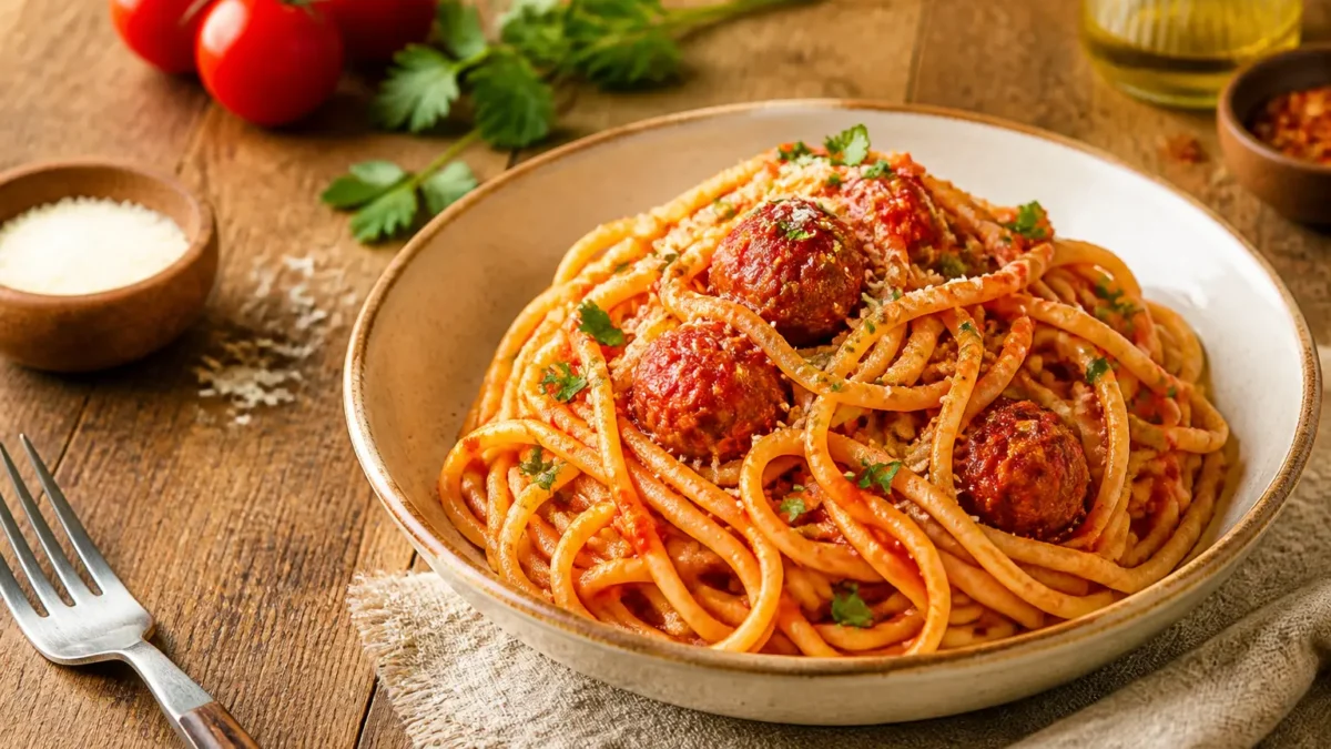 Spaghetti fit al pomodoro piccante con polpettine magre di tacchino