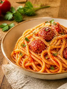Spaghetti fit al pomodoro piccante con polpettine magre di tacchino