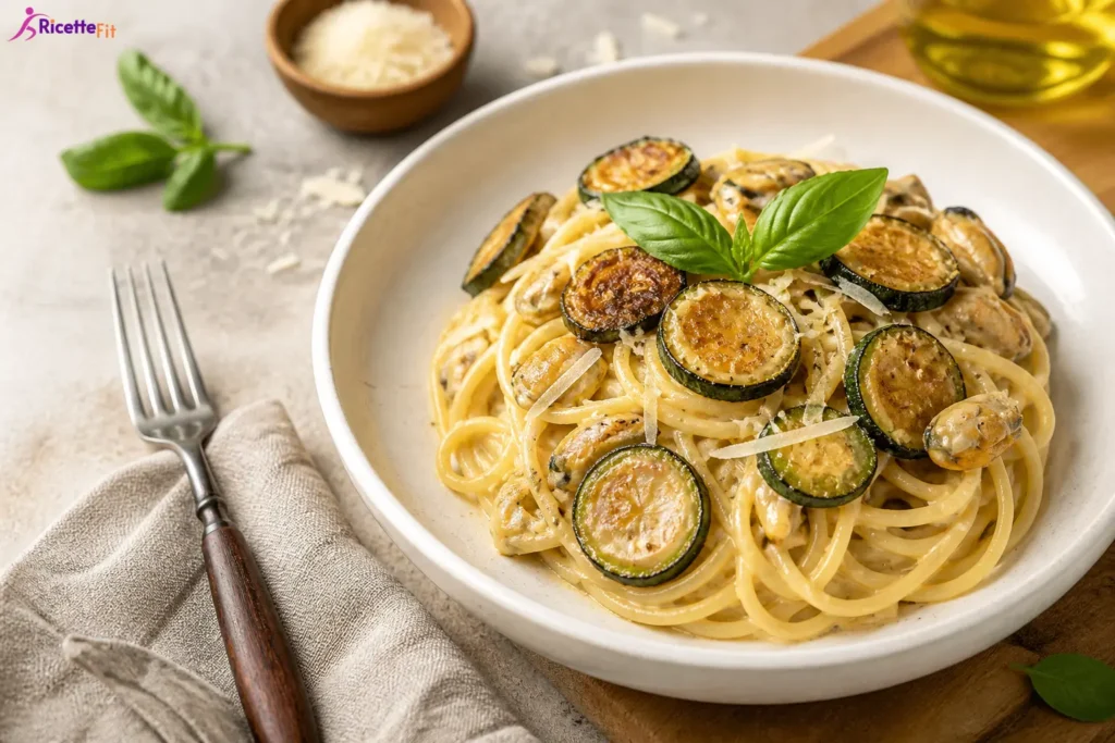 Spaghetti alla Nerano fit con zucchine dorate, formaggio e basilico