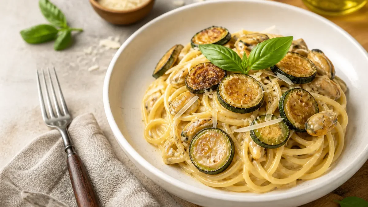 Spaghetti alla Nerano fit con zucchine dorate, formaggio e basilico