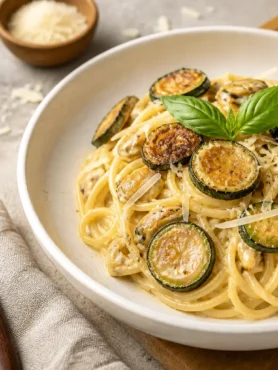 Spaghetti alla Nerano fit con zucchine dorate, formaggio e basilico