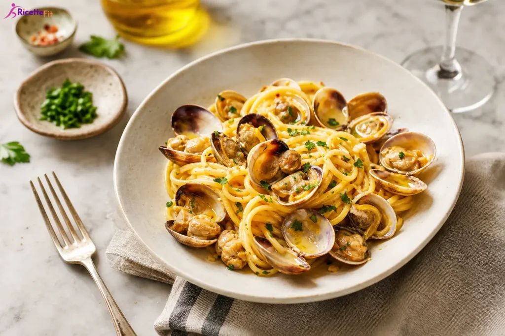 Spaghetti alle vongole con prezzemolo fresco in piatto fondo
