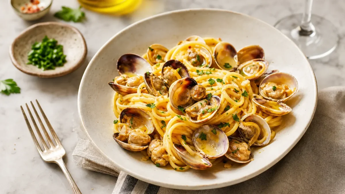 Spaghetti alle vongole con prezzemolo fresco in piatto fondo