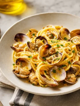 Spaghetti alle vongole con prezzemolo fresco in piatto fondo