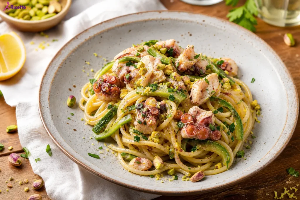 Spaghetti con polpo, zucchine, pistacchi e scorza di limone