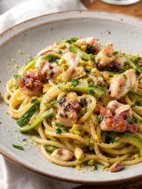 Spaghetti con polpo, zucchine, pistacchi e scorza di limone