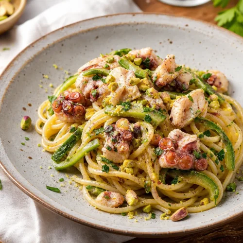 Spaghetti Polpo e Zucchine con Pistacchi e Limone