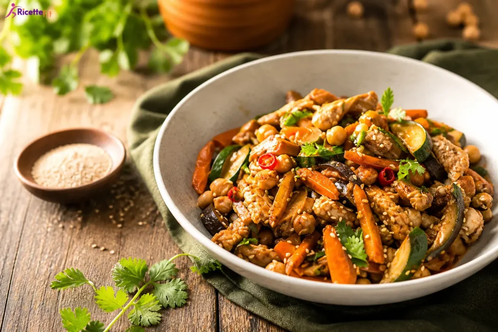 Spezzatino di seitan con ceci, carote, zucchine e semi di sesamo