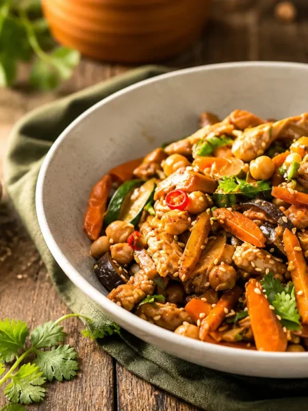 Spezzatino di seitan con ceci, carote, zucchine e semi di sesamo