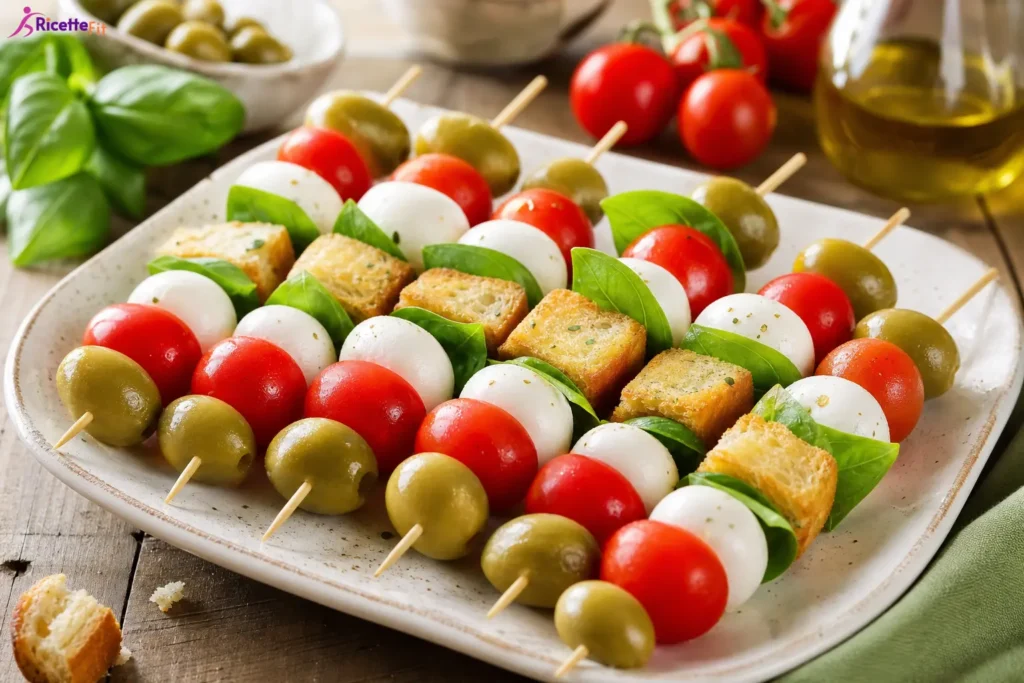 Spiedini fit con mozzarella light, pomodorini, olive verdi, basilico e crostini