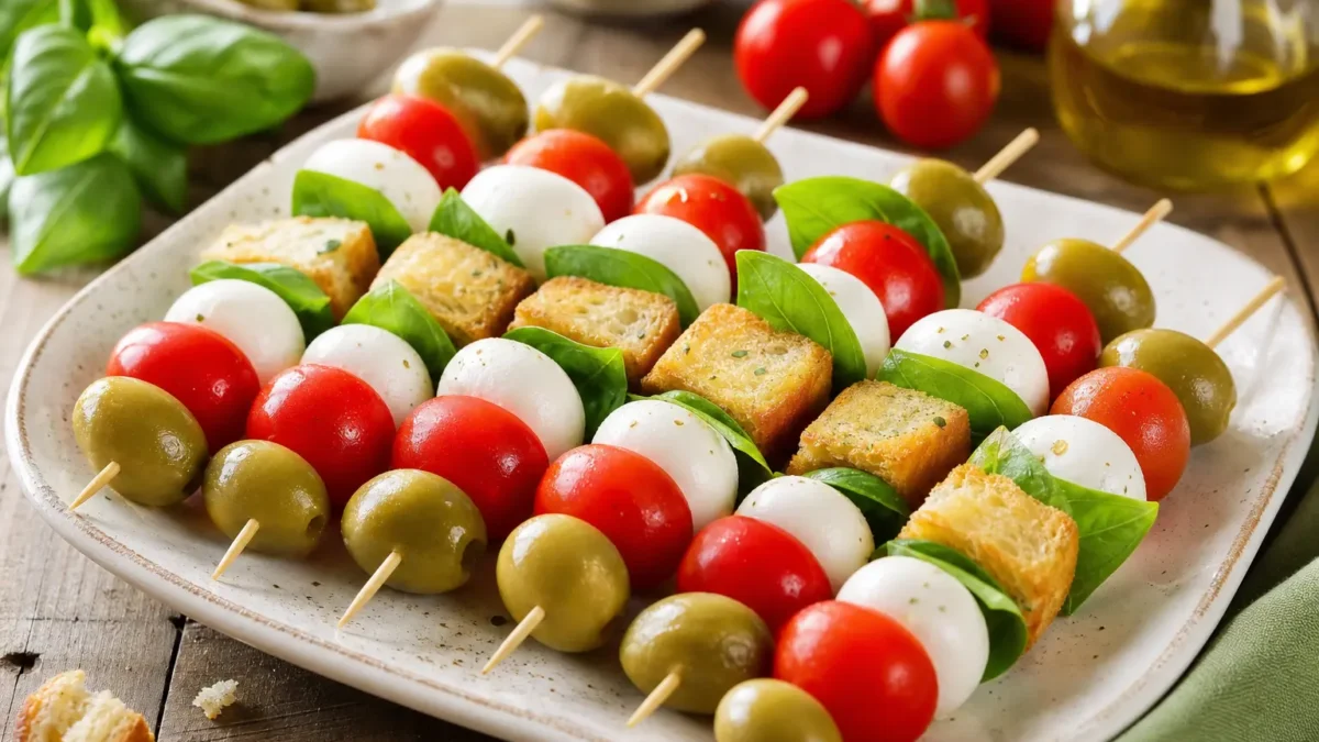 Spiedini fit con mozzarella light, pomodorini, olive verdi, basilico e crostini