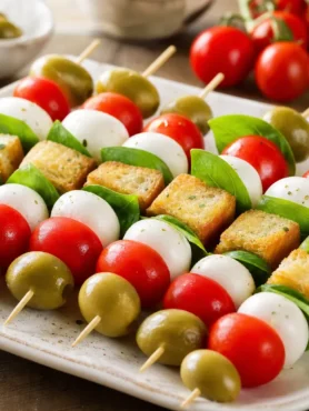 Spiedini fit con mozzarella light, pomodorini, olive verdi, basilico e crostini