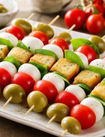 Spiedini fit con mozzarella light, pomodorini, olive verdi, basilico e crostini