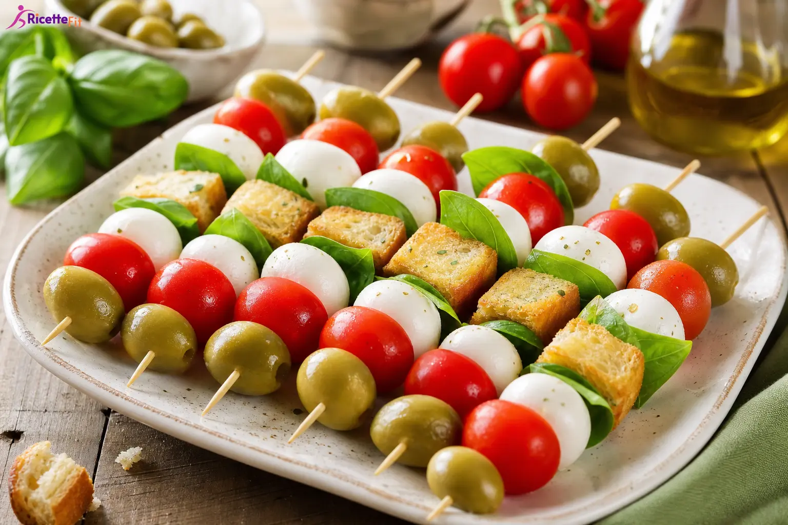 Spiedini fit con mozzarella light, pomodorini, olive verdi, basilico e crostini