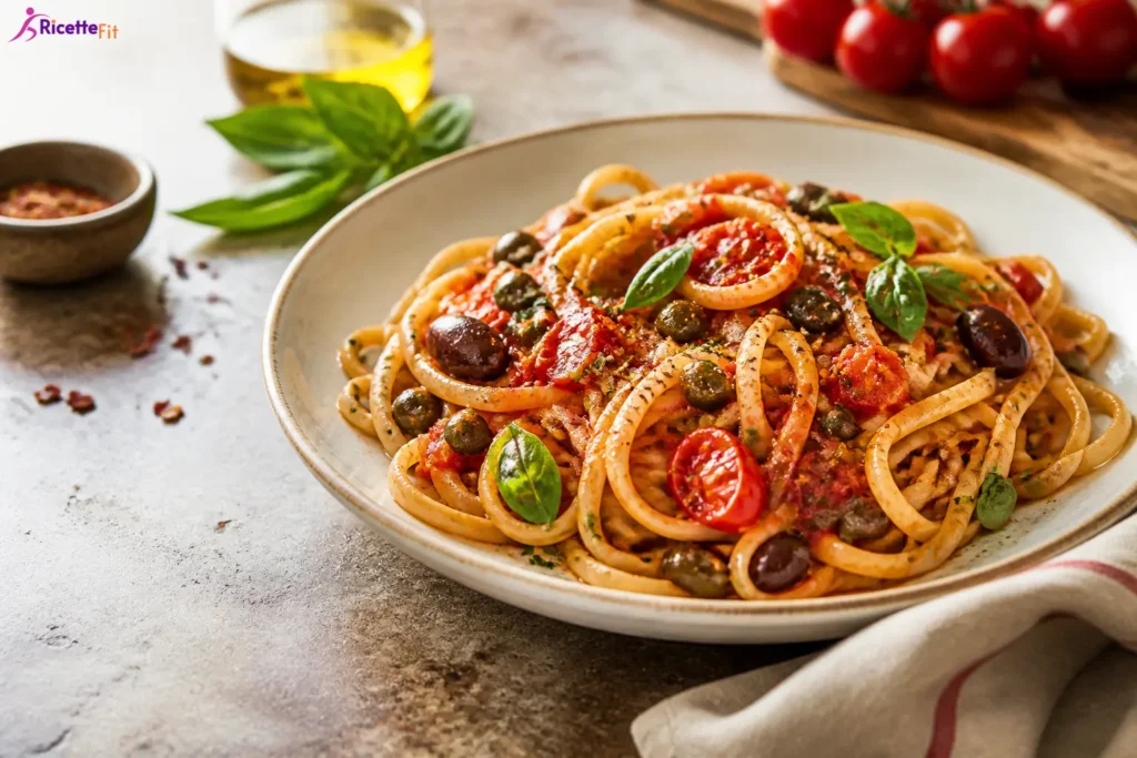 Stroncatura calabrese fit con pomodorini, olive, capperi e basilico