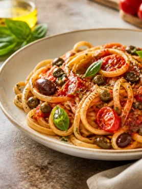 Stroncatura calabrese fit con pomodorini, olive, capperi e basilico