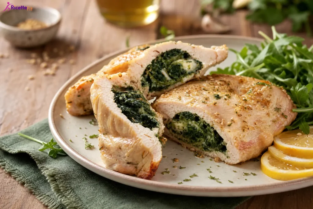 Tacchino ripieno con spinaci, ricotta light e noci servito con rucola e limone