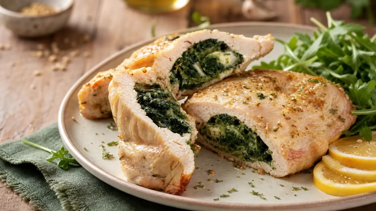 Tacchino ripieno con spinaci, ricotta light e noci servito con rucola e limone