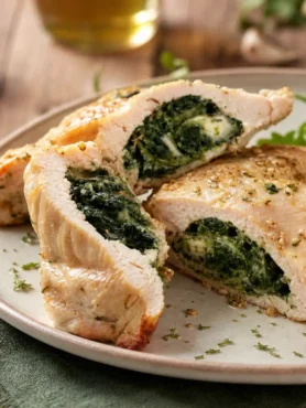 Tacchino ripieno con spinaci, ricotta light e noci servito con rucola e limone