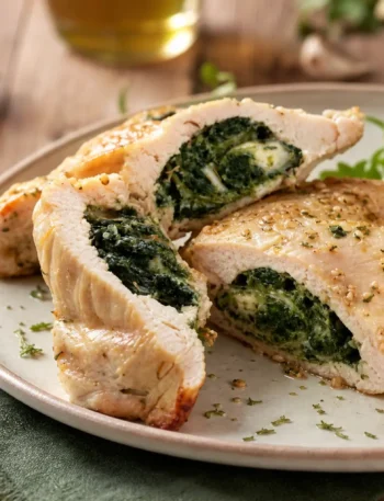 Tacchino ripieno con spinaci, ricotta light e noci servito con rucola e limone