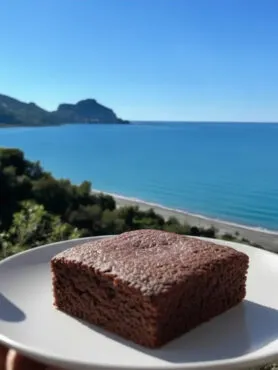 Three Hole Cake Fit al Cacao su piatto bianco vista mare a Cefalù