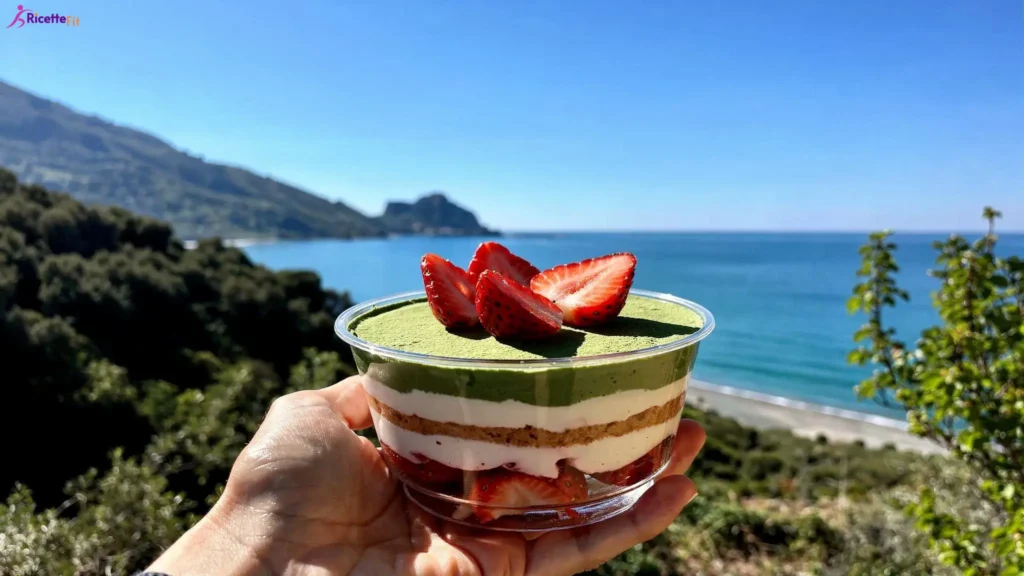 Tiramisù light con fragole e matcha in coppetta vista mare a Cefalù
