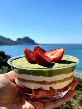 Tiramisù light con fragole e matcha in coppetta vista mare a Cefalù