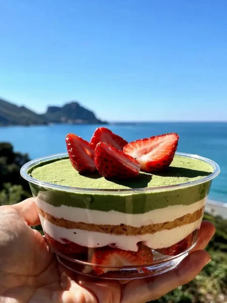 Tiramisù light con fragole e matcha in coppetta vista mare a Cefalù