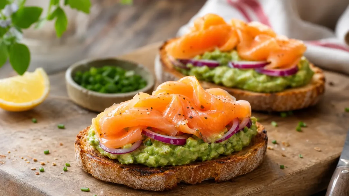 Toast low carb con salmone affumicato, avocado e cipolla rossa