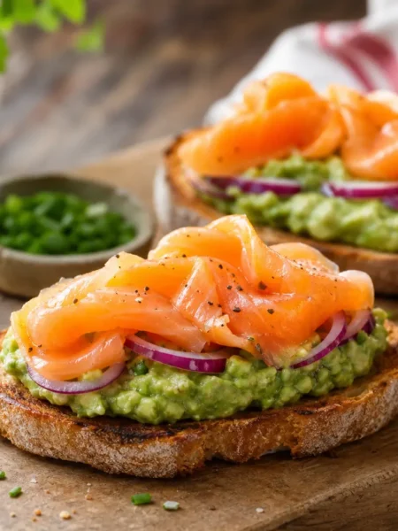 Toast low carb con salmone affumicato, avocado e cipolla rossa