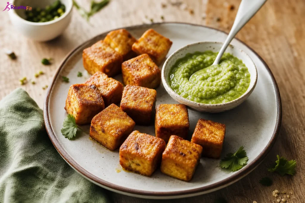 Tofu al forno speziato con crema verde di piselli e coriandolo
