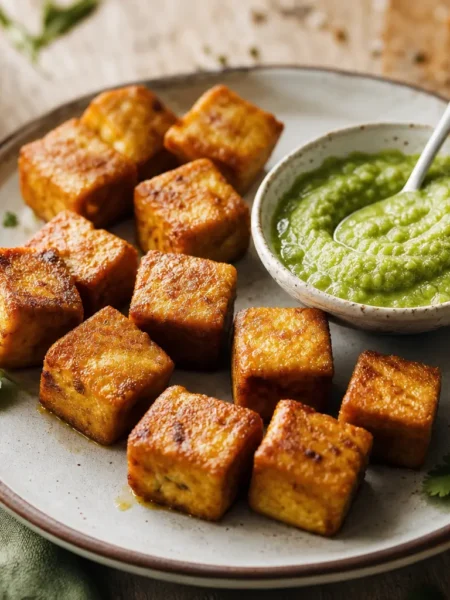 Tofu al forno speziato con crema verde di piselli e coriandolo