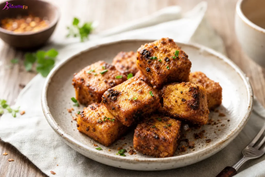 Tofu croccante al forno con paprika e lime servito in un piatto
