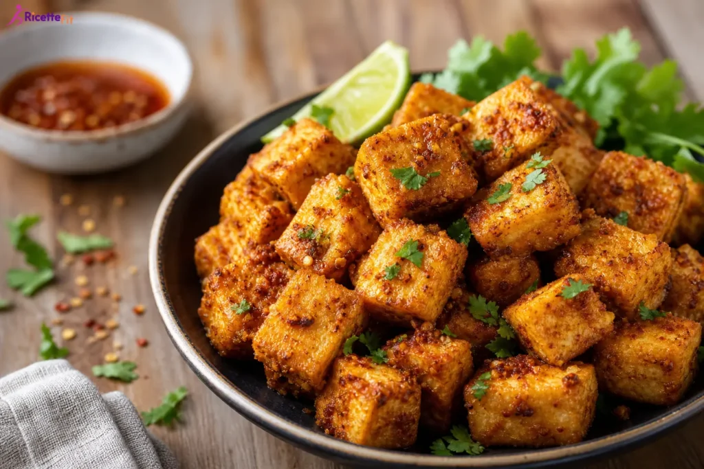 Tofu croccante in friggitrice ad aria con lime e coriandolo
