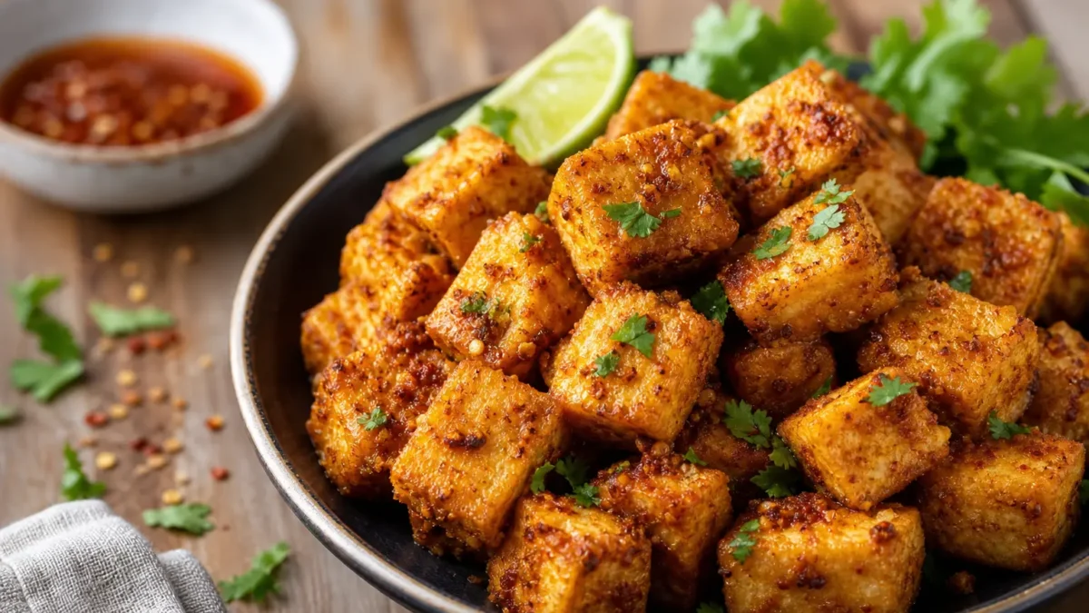 Tofu croccante in friggitrice ad aria con lime e coriandolo