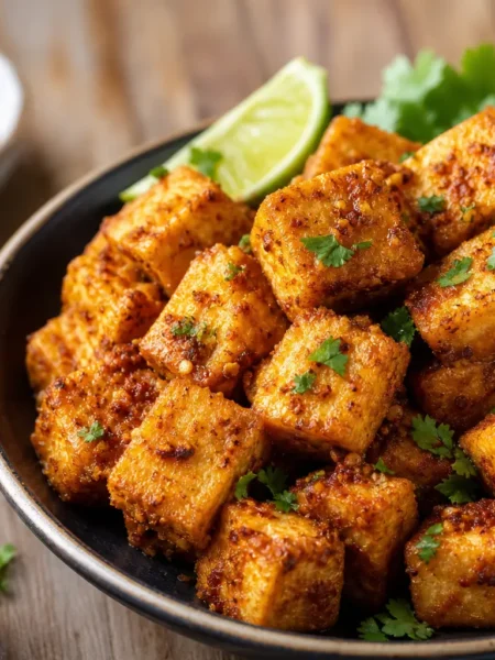 Tofu croccante in friggitrice ad aria con lime e coriandolo