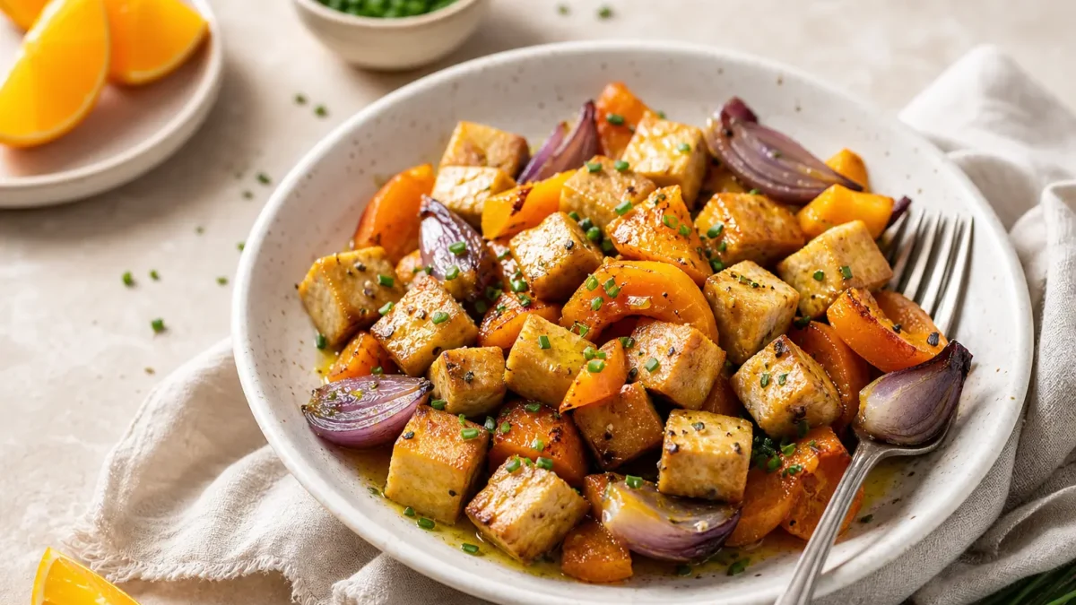 Tofu marinato alla birra con zucca, cipolla rossa e arancia in piatto fondo